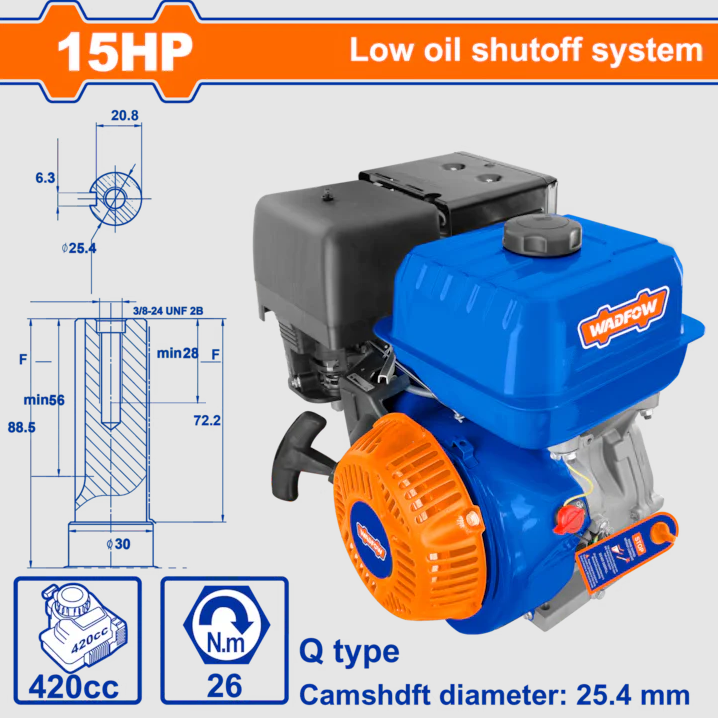 Motor pe benzina pentru uz general Wadfow, 4 timpi OHV, 420cc, 15cp, ax cilindric 25.4mm