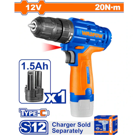 Masina de gaurit si insurubat pe acumulator Wadfow, 12V, 1500rpm, 1.5Ah, 20Nm, include baterie, nu include incarcator