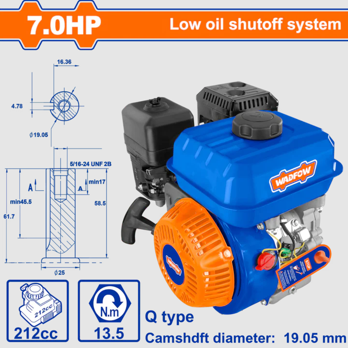 Motor pe benzina pentru uz general Wadfow, 4 timpi OHV, 212cc, 7cp, ax cilindric 19.05mm