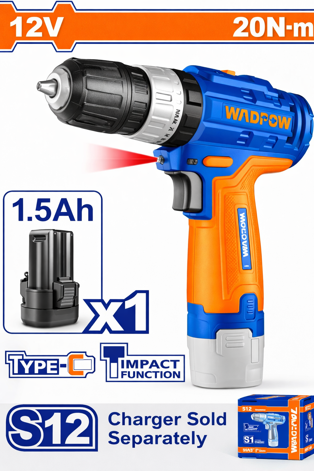 Masina de gaurit si insurubat pe acumulator Wadfow, 12V, 1500rpm, 1.5Ah, 20Nm