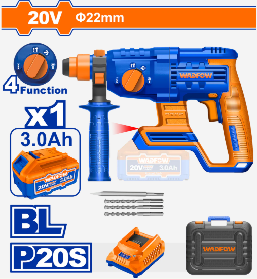 Ciocan rotopercutor cu acumulator Wadfow, 20V, 3Ah, 2J, 1100Rpm, 5400bmn, prindere SDS Plus