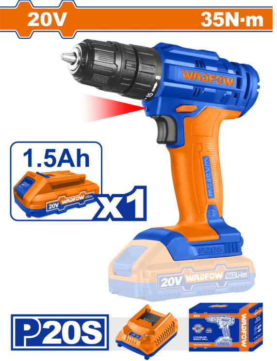 Masina de gaurit cu acumulator Wadfow, 20V, 1.5AH LI-ION, 35 Nm, 1500Rpm