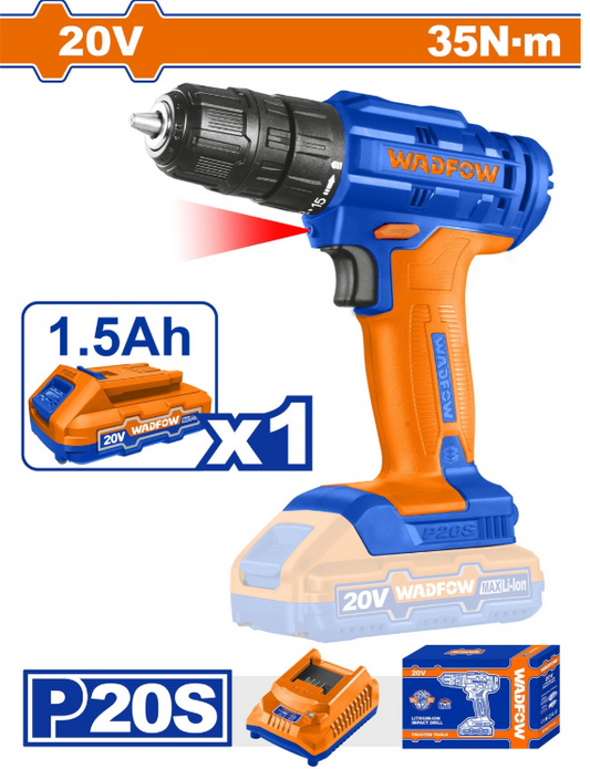 Masina de gaurit cu acumulator Wadfow, 20V, 1.5AH LI-ION, 35 Nm, 1500Rpm