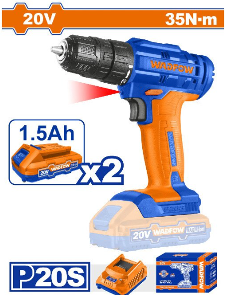 Masina de gaurit cu percutie si acumulator WADFOW, 20V, LI-Ion P20S, 1500RPM, 35 Nm, LED, include incarcator, 2 acumulatori 1.5 Ah